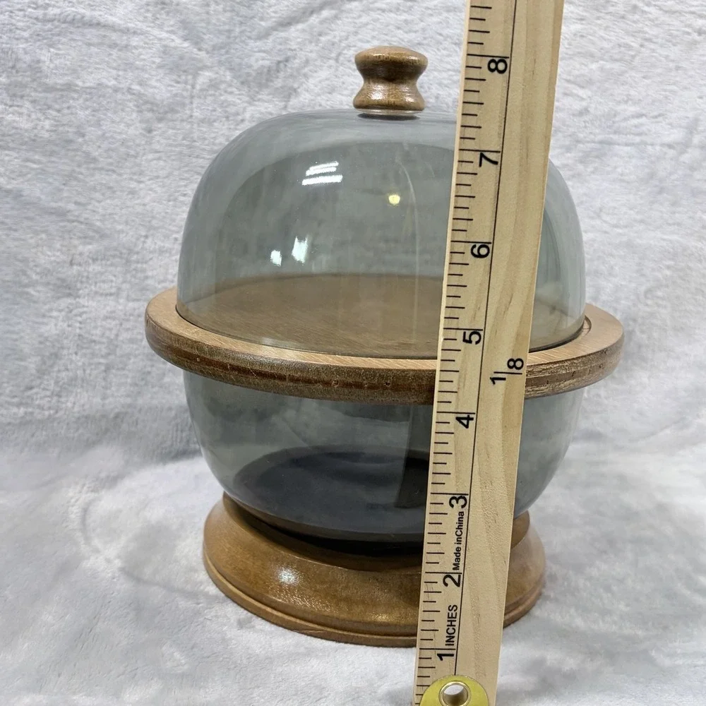 Vintage MCM Smoked Plastic Dome Cloche Wood Pedestal Cheese Server Bowl 8.5